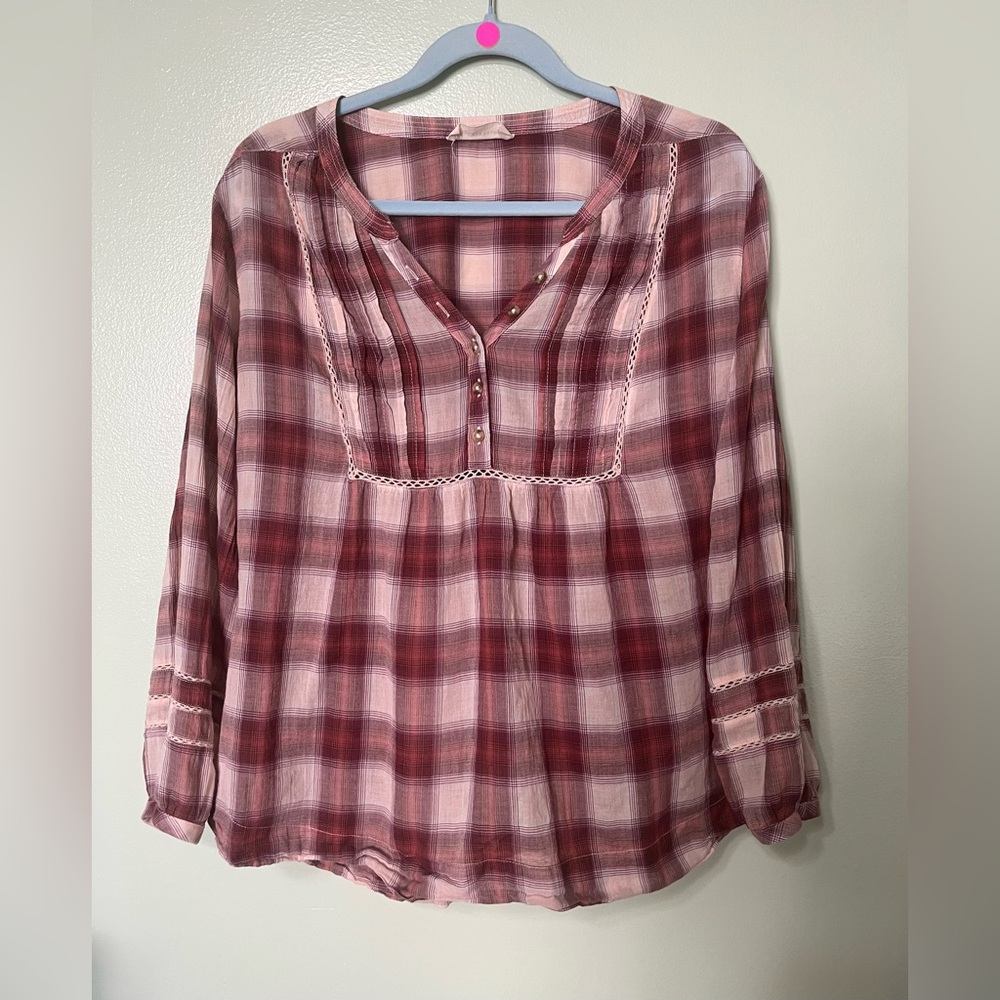 Lucky Brand 100% Cotton Mauve Plaid Henley Peasant Blouse Size Large - Picture 2 of 9